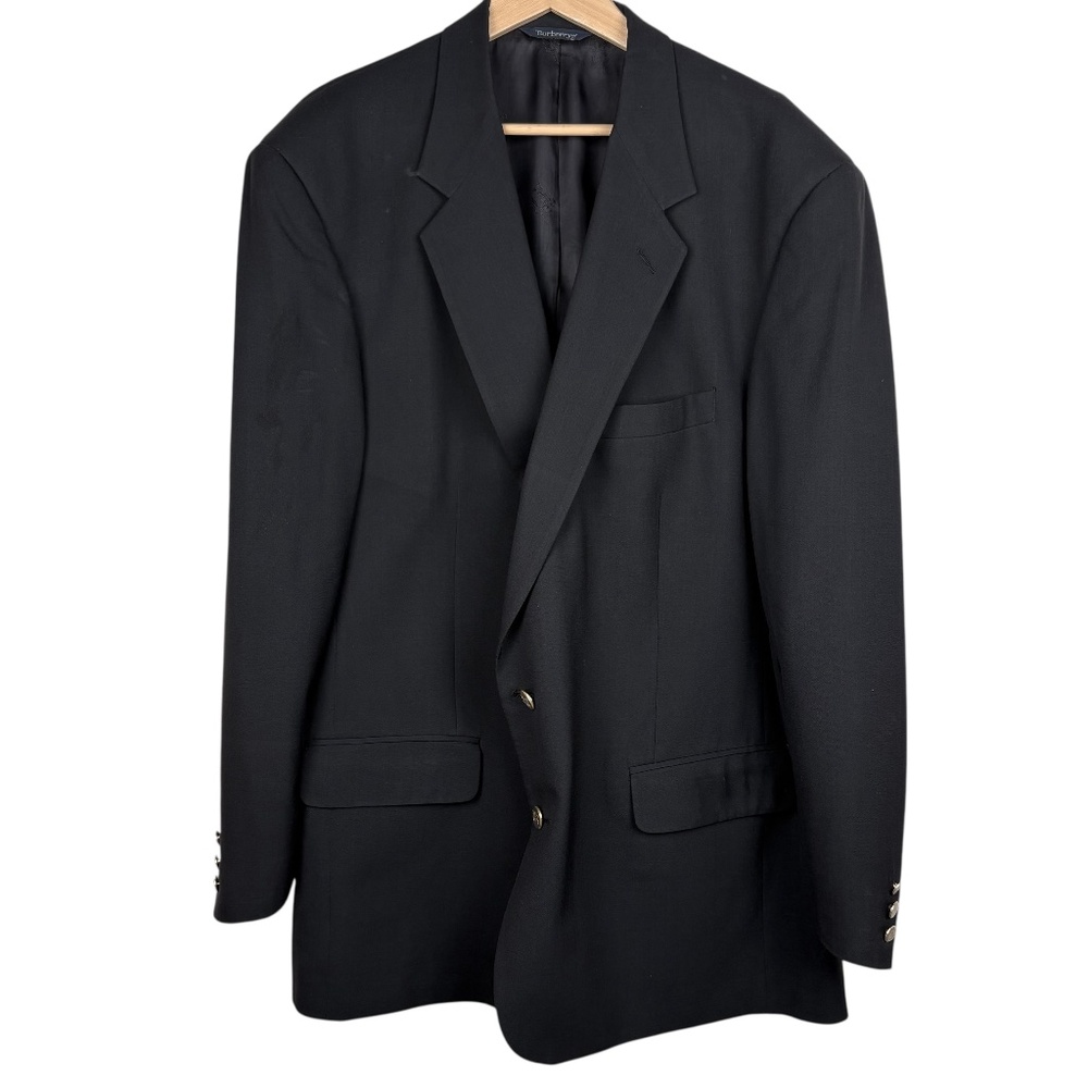 Vintage Burberrys Super 100s Wool‎ Black Blazer Gold Crest Buttons Men's XL